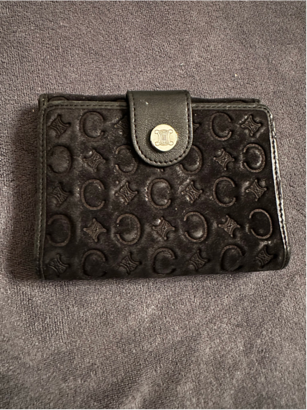 Celine Black Velvet Triomphe Logo Wallet One Size